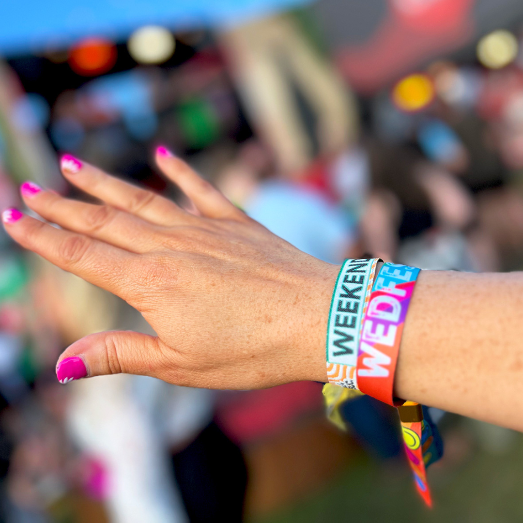 A photo of Printed festival wristbands from JM Band®. Purchase Fabric Wristbands in versions compatible with your access system here.