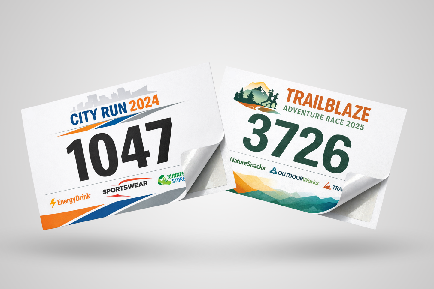Self-adhesive race numbers with custom design from JM Band®
