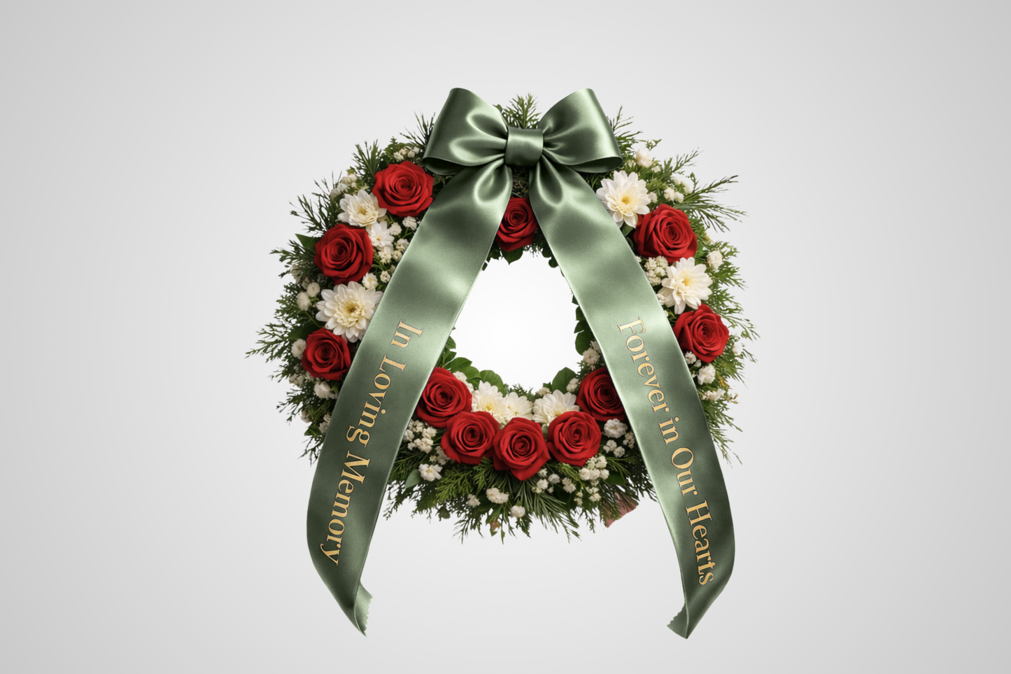 JM Band® -merkkinen mittatilaustyönä painettu ympäristöystävällinen satiinikimppunauha sammaleenvihreänä.