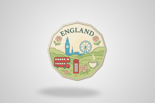 A photo of an edged trolley coin with full-color printing