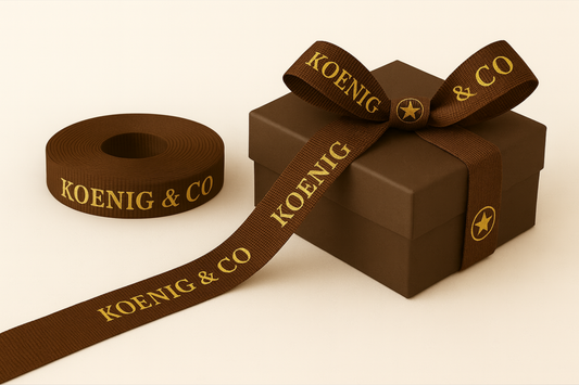 A photo of brown grosgrain gift ribbon with print